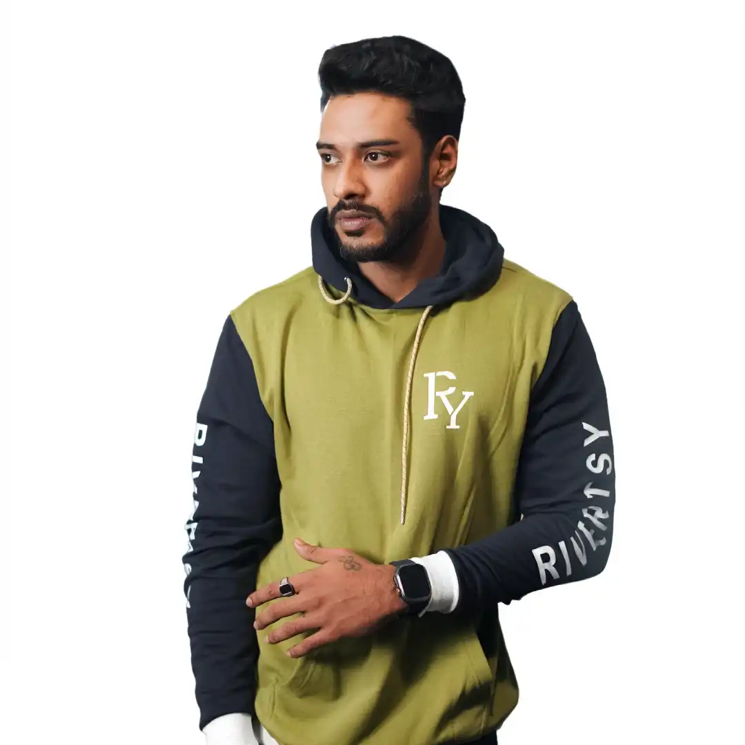 Premium Hoodie 100% Cotton Fleece Fabric - Olive Green and Black